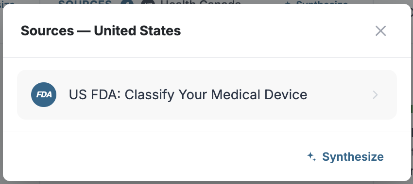 Country Compare Sources Modal with Direct FDA Guidance Link