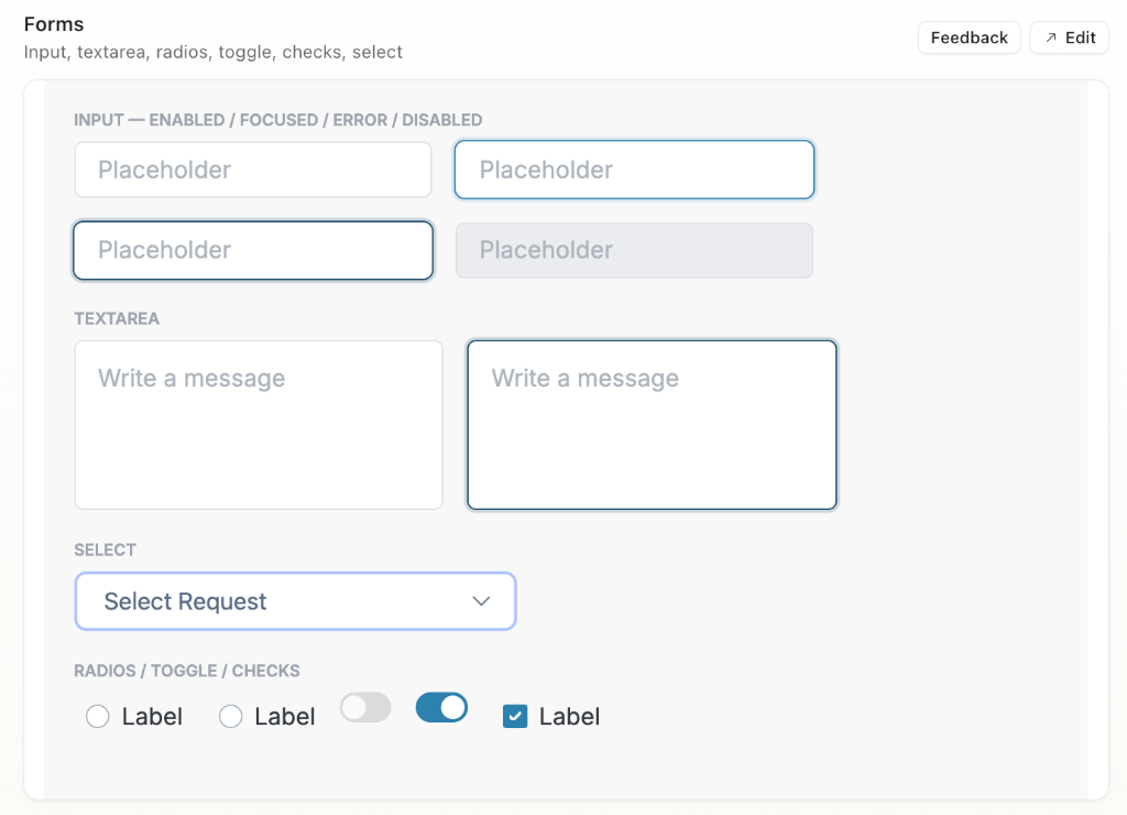Design System input fields, select, and form UI component layouts