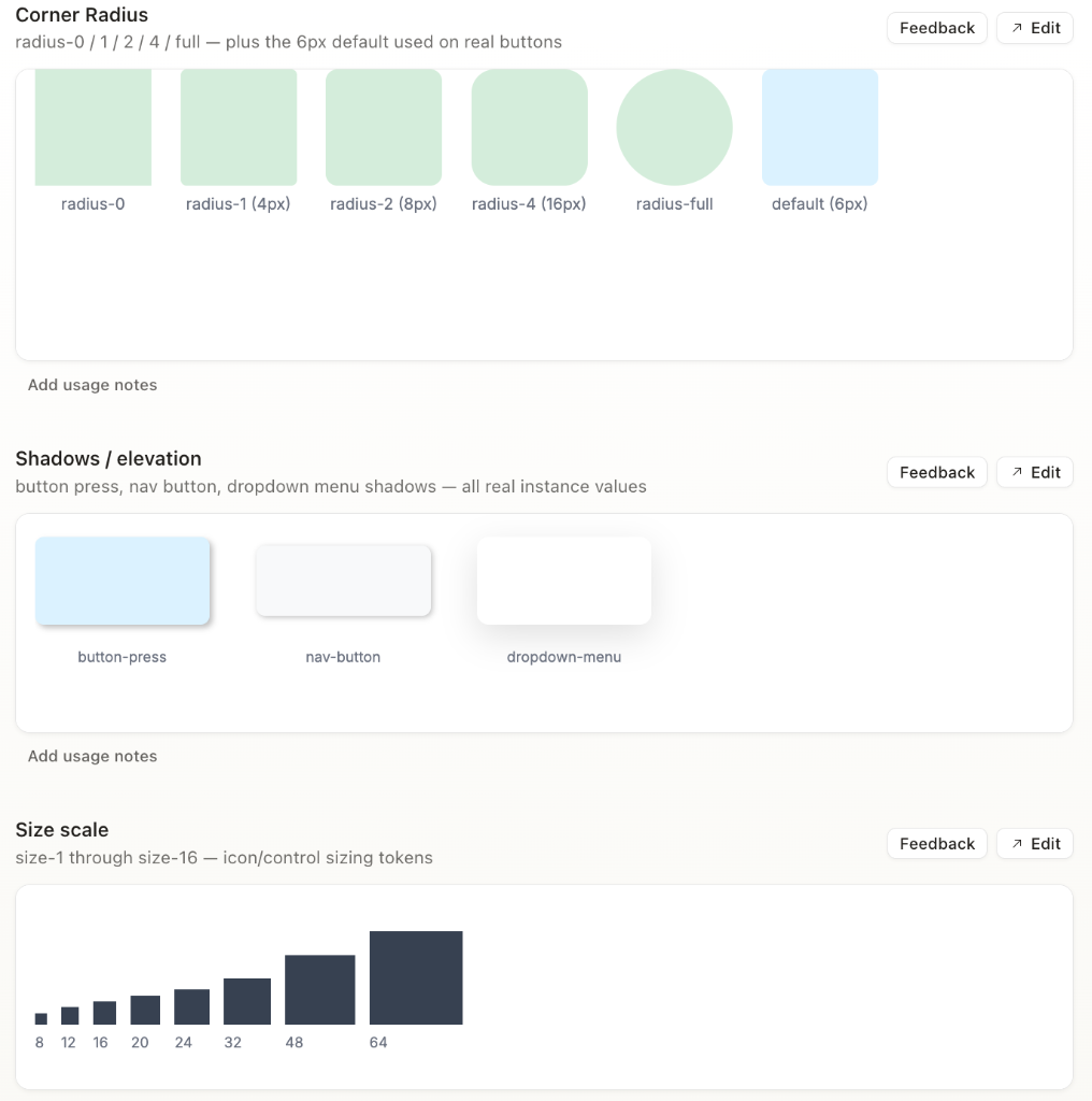 Design System Corner Radius and size scale UI documentation token cards