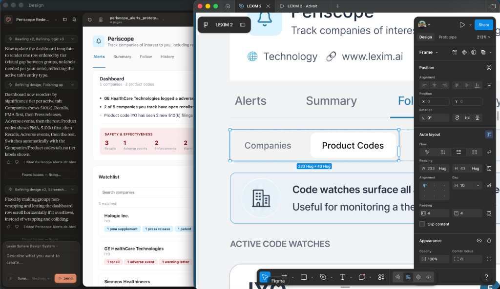 Advait's dual designer-engineer workflow showing Claude Design instructions running side-by-side with Figma designs
